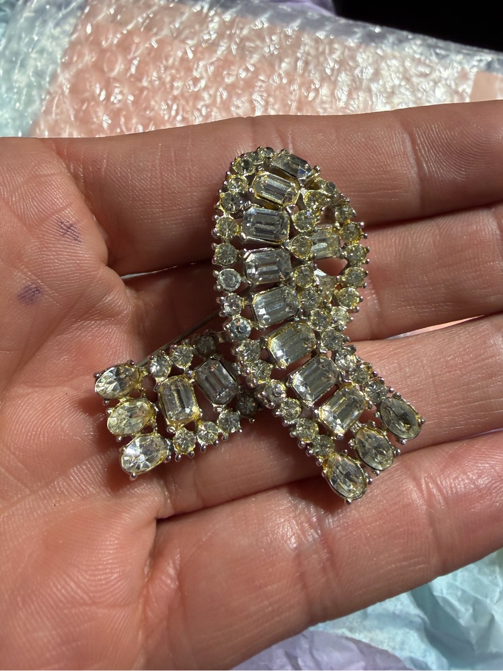 Vintage Silver Tone Crystal Ribbon Brooch